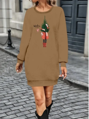 Kadın Uzun Kollu Bisiklet Yaka Desenli Kısa Viskon Iki Iplik Elbise