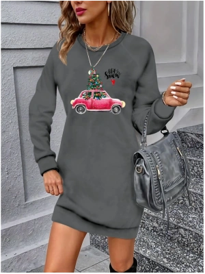 Kadın Uzun Kollu Bisiklet Yaka Desenli Viskon Iki Iplik Elbise