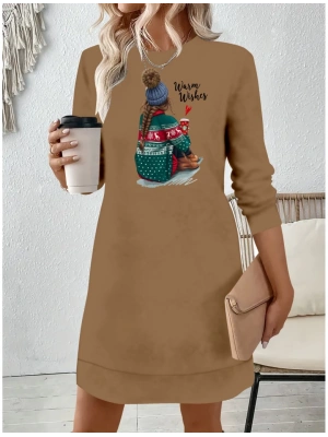 Kadın Uzun Kollu Bisiklet Yaka Desenli Viskon Iki Iplik Elbise