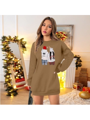 Kadın Uzun Kollu Bisiklet Yaka Desenli Viskon Iki Iplik Elbise