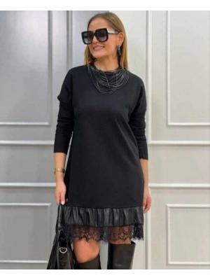 Kadın Uzun Kollu Bisiklet Yaka Etek Ucu Deri Dantelli Viskon Iki Iplik Midi Elbise