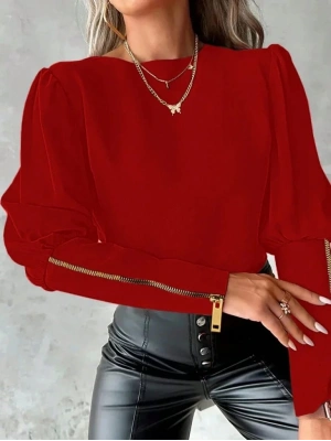 Kadın Uzun Kollu Bisiklet Yaka Fermuar Detaylı Ithal Krep Bluz