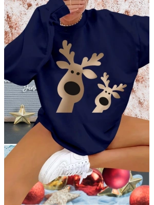 Kadın Uzun Kollu Bisiklet Yaka Geyik Desenli Viskon Iki Iplik Bluz