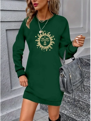 Kadın Uzun Kollu Bisiklet Yaka Güneş Desenli Viskon Iki Iplik Elbise