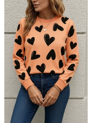 Kadın Uzun Kollu Bisiklet Yaka Kalp Desenli Iki Iplik Bluz