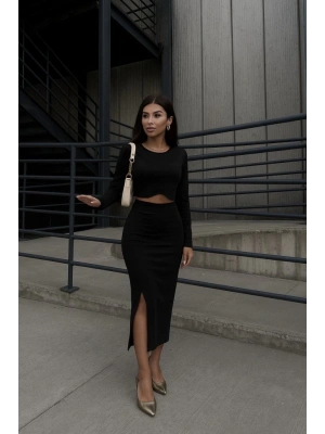 Kadın Uzun Kollu Bisiklet Yaka Kısa Krop Dalgıç Bluz Ile önden Yırtmaçlı Uzun Etek Ikili Takım