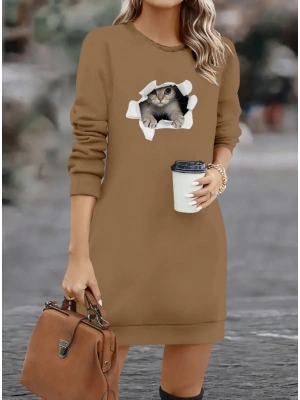 Kadın Uzun Kollu Bisiklet Yaka Kısa Viskon Iki Iplik Elbise