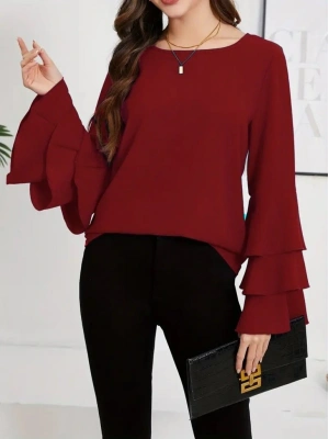 Kadın Uzun Kollu Bisiklet Yaka Kollar İspanyol Volanlı Sandy Bluz