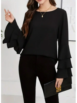 Kadın Uzun Kollu Bisiklet Yaka Kollar İspanyol Volanlı Sandy Bluz