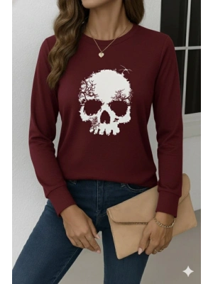 Kadın Uzun Kollu Bisiklet Yaka Kurukafa Desenli Viskon Bluz