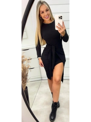 Kadın Uzun Kollu Bisiklet Yaka Kuşaklı Kruvaze Yırtmaç Detay Viskon Elbise