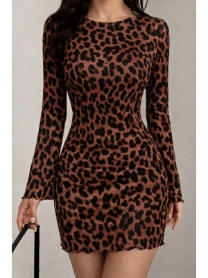 Kadın Uzun Kollu Bisiklet Yaka Leopar Desenli Dalgıç Mini Elbise