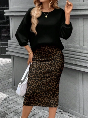 Kadın Uzun Kollu Bisiklet Yaka Modal Bluz Ve Leopar Desenli Etek Ikili Takım