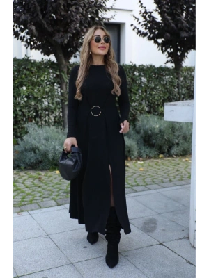 Kadın Uzun Kollu Bisiklet Yaka önden Halka Detaylı Yırtmaçlı Uzun Viskon Iki Iplik Elbise