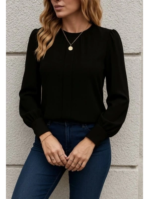 Kadın Uzun Kollu Bisiklet Yaka Pileli Ithal Krep Bluz