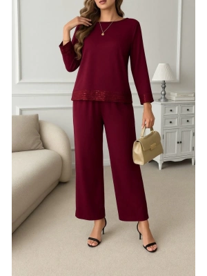 Kadın Uzun Kollu Bisiklet Yaka Pulpayetli Viskon Iki Iplik Bluz Ve Pantolon Ikili Takım
