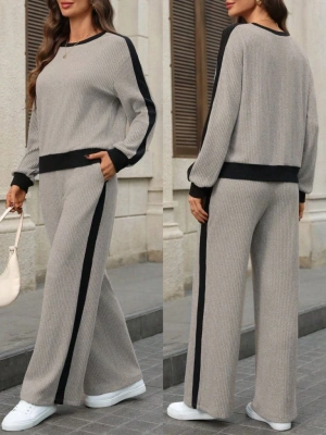 Kadın Uzun Kollu Bisiklet Yaka şardonlu Kaşkorse Bluz Ve Pantolon Ikili Takım