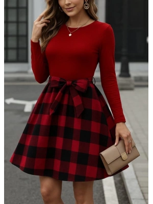 Kadın Uzun Kollu Bisiklet Yaka üst Viskon Alt Ekose Kısa Elbise