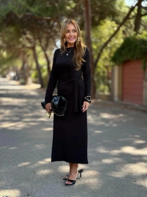 Kadın Uzun Kollu Bisiklet Yaka Yandan Bağlamalı Uzun Modal Elbise