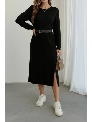 Kadın Uzun Kollu Bisiklet Yaka Yandan Yırtmaçlı Midi Triko Elbise