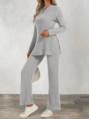 Kadın Uzun Kollu Bisiklet Yaka Yandan Yırtmaçlı şardonlu Kaşkorse Bluz Ve Pantolon Ikili Takım