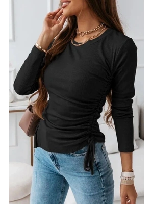 Kadın Uzun Kollu Bisiklet Yaka Yanları Ve Kolları Büzgülü Kadife Bluz