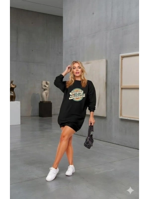 Kadın Uzun Kollu Bisiklet Yaka Yazılı Viskon Iki Iplik Elbise