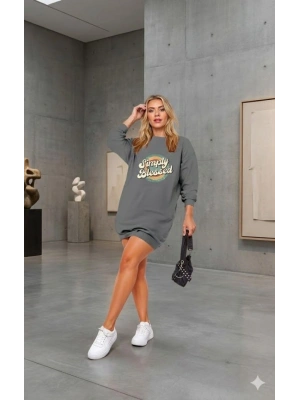 Kadın Uzun Kollu Bisiklet Yaka Yazılı Viskon Iki Iplik Elbise