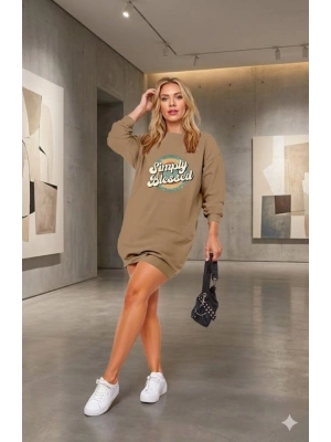 Kadın Uzun Kollu Bisiklet Yaka Yazılı Viskon Iki Iplik Elbise