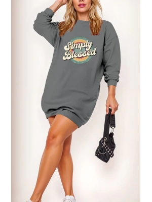 Kadın Uzun Kollu Bisiklet Yaka Yazılı Viskon Iki Iplik Elbise