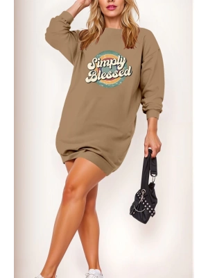 Kadın Uzun Kollu Bisiklet Yaka Yazılı Viskon Iki Iplik Elbise