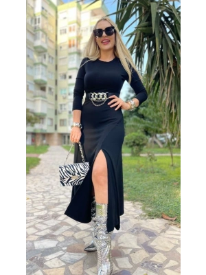 Kadın Uzun Kollu Bisiklet Yaka Yırtmaçlı Kemerli Uzun çilek Elbise