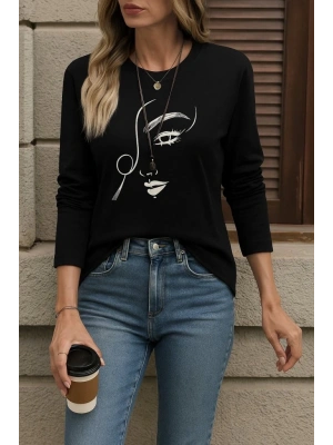 Kadın Uzun Kollu Bisiklet Yaka Yüz Desenli Viskon Bluz