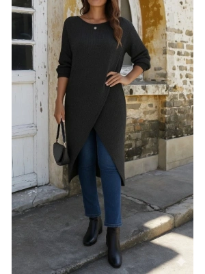 Kadın Uzun Kollu Bisiklet Yakalı önden çapraz Kesim Detaylı Midi Triko Elbise