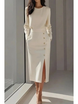 Kadın Uzun Kollu Bisiklet Yakalı Yandan Yırtmaçlı Düğmeli Midi Ithal Krep Elbise