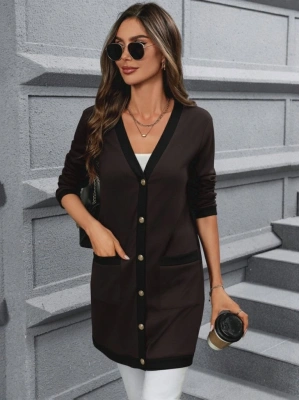 Kadın Uzun Kollu Cepli önden Düğmeli Uzun Modal Ceket Hırka