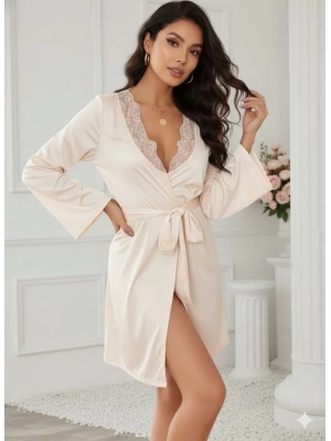 Kadın Uzun Kollu Dantel Yakalı Belden Kuşaklı Viskon Gecelik
