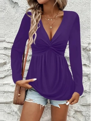 Kadın Uzun Kollu Dekolteli Sarmal Detaylı Viskon Bluz