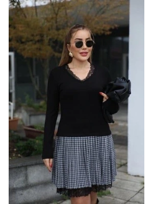 Kadın Uzun Kollu Denteli Yaka Ekose Etek Detay Diz üstü Elbise