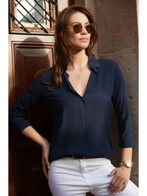 Kadın Uzun Kollu Dokuma Kumaş Klasik Gömlek