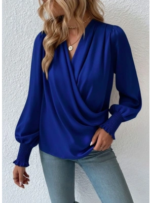 Kadın Uzun Kollu Dökümlü Kruvaze Yaka Kol Ucu Gipeli Sandy Lacivert Bluz
