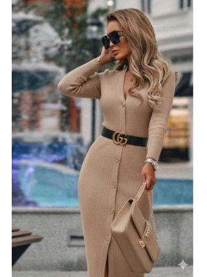 Kadın Uzun Kollu Düğme Detay örme Kaşkorse Kumaş Kemer Dahil Maxi Boy Elbise