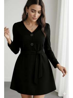 Kadın Uzun Kollu Düğme Detaylı Kendinden Kemerli Ithal Krep Elbise