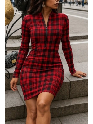 Kadın Uzun Kollu Fermuarlı Ekose Baskılı Dalgıç Elbise
