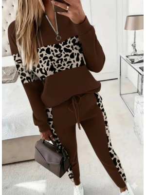 Kadın Uzun Kollu Fermuarlı Karışık Desenli Viskon Iki Iplik Bluz Ve Pantolon Ikili Takım