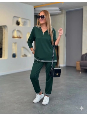 Kadın Uzun Kollu Fermuarlı şerit Detay Desenli Alt üst Ikili Viskon Iki Iplik Takım