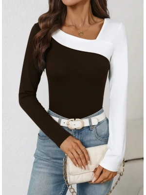 Kadın Uzun Kollu Geometrik Yaka Detaylı çift Renkli Viskon Bluz