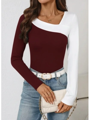 Kadın Uzun Kollu Geometrik Yaka Detaylı çift Renkli Viskon Bluz