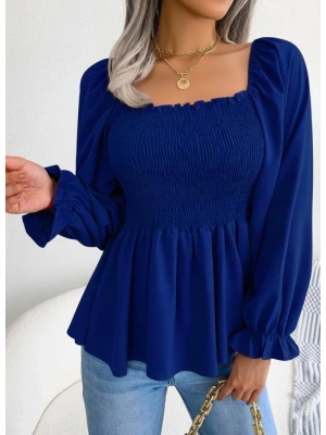 Kadın Uzun Kollu Geometrik Yakalı Gipe Detaylı Krep Bluz