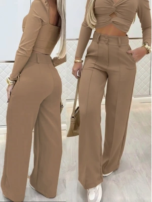 Kadın Uzun Kollu Göğüs Dekolteli Ithal Krep Bluz Ve Pantolon Ikili Takım